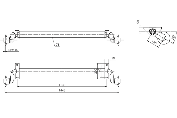 AL-KO OPTIMA άξονας χωρίς φρένο για ρυμουλκούμενο 750kg 1130mm 1443mm 4x100