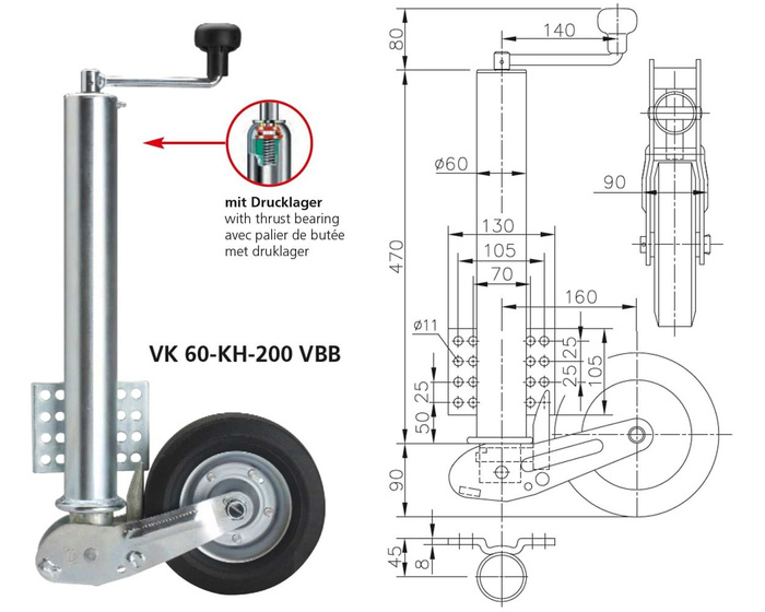 WINTERHOFF VK60-KH-200VBB αυτόματος τροχός στήριξης με λαβή 250kg 60mm 560-1030mm