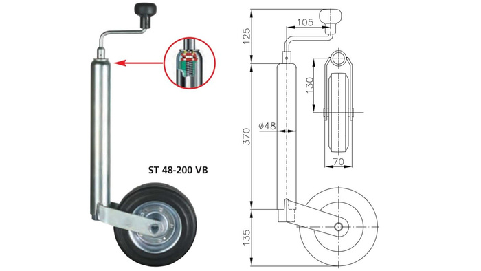 Τροχός τζόκεϊ με σφιγκτήρα WINTERHOFF ST48-200VB+KLE48 150kg 48mm 505-725mm