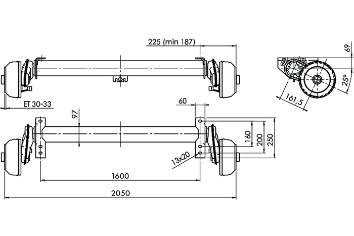 AL-KO COMPACT άξονας φρένων για ρυμουλκούμενο / ρυμουλκούμενο 1350kg 1600mm 2050mm 5x112