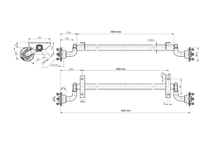 Άξονας χωρίς φρένα KNOTT VG7-L για ρυμουλκούμενο 750kg 1200mm 1650mm 4x100