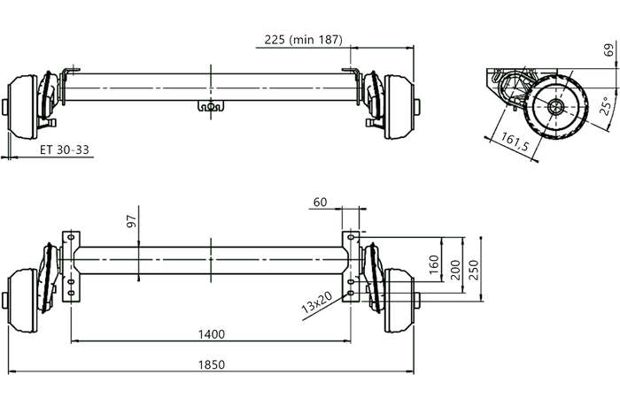 AL-KO COMPACT άξονας φρένων για ρυμουλκούμενο / ρυμουλκούμενο 1350kg 1400mm 1850mm 5x112
