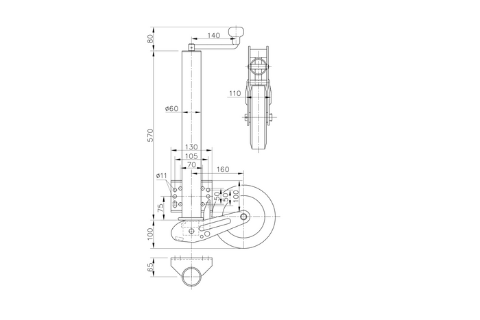 WINTERHOFF VK 60-BLH-255 SB αυτόματος τροχός στήριξης με λαβή 500kg 60mm 670-905mm