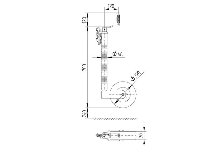 Τροχός jockey KNOTT TK48, κυματοειδής σωλήνας, 300kg, 48mm, 700-940mm
