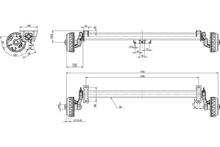 KNOTT VGB13 άξονας φρένων για ρυμουλκούμενο / ρυμουλκούμενο 1350kg 1300mm 1750mm 5x112