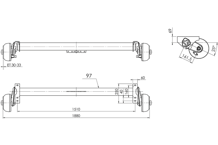 AL-KO COMPACT άξονας φρένων για ρυμουλκούμενο / ρυμουλκούμενο 1350kg 1510mm 1880mm 5x112