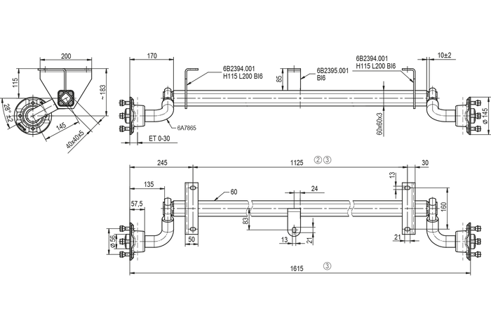 KNOTT VG7-L άξονας χωρίς φρένο για ρυμουλκούμενο 750kg 1125mm 1615mm 4x100