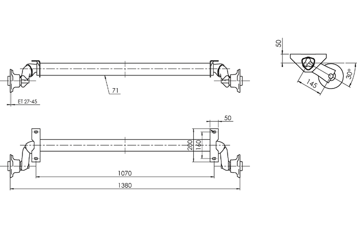 AL-KO OPTIMA άξονας χωρίς φρένο για ρυμουλκούμενο 750kg 1070mm 1380mm 4x100