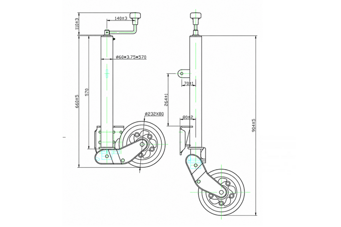 Αυτόματο τιμόνι jockey UNITRAILER με λαβή 500kg 60mm 660-904 mm