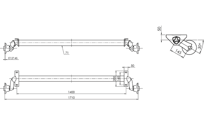 AL-KO OPTIMA άξονας χωρίς φρένο για ρυμουλκούμενο 750kg 1400mm 1710mm 4x100