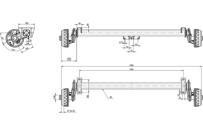 KNOTT VGB13M φρένος άξονας για ρυμουλκούμενο / ρυμουλκούμενο 1350kg 1450mm 1950mm 5x112