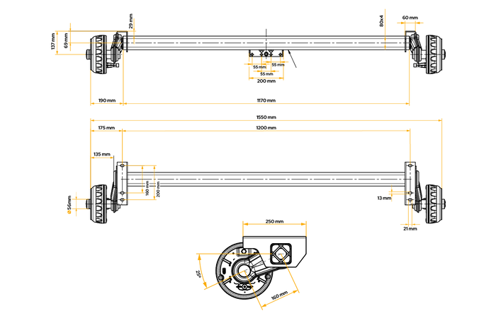 Άξονας φρένων KNOTT VGB13M για ρυμουλκούμενο/φορτηγό αυτοκινήτου 1350kg 1200mm 1550mm 5x112