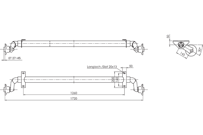 Άξονας χωρίς φρένα AL-KO OPTIMA για ρυμουλκούμενο 750kg 1260mm 1720mm 4x100