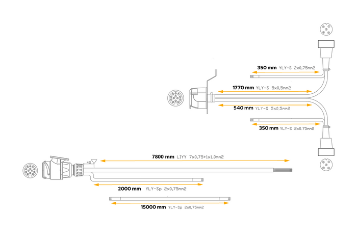 Ηλεκτρική εγκατάσταση MANTES, καλωδίωση ρυμούλκας σκάφους 9,57m, βύσμα 13 ακροδεκτών, 2 ξιφολόγχες 5 ακροδεκτών