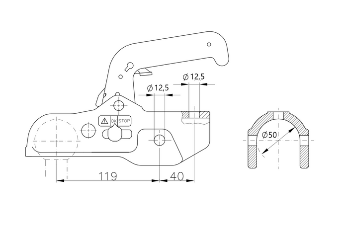 Ρυμουλκούμενο WINTERHOFF WW 350-RB-K1212 με μπάρα ρυμούλκησης για ρυμουλκούμενο 3500kg με ράβδο έλξης 50mm, από χυτοσίδηρο