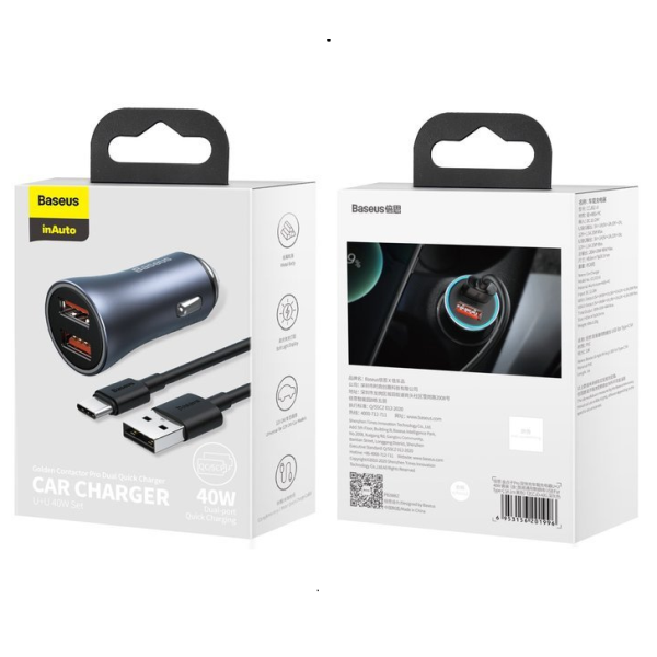 Σετ φορτιστή αυτοκινήτου BASEUS Golden Pro 2xUSB 40W + Καλώδιο USB