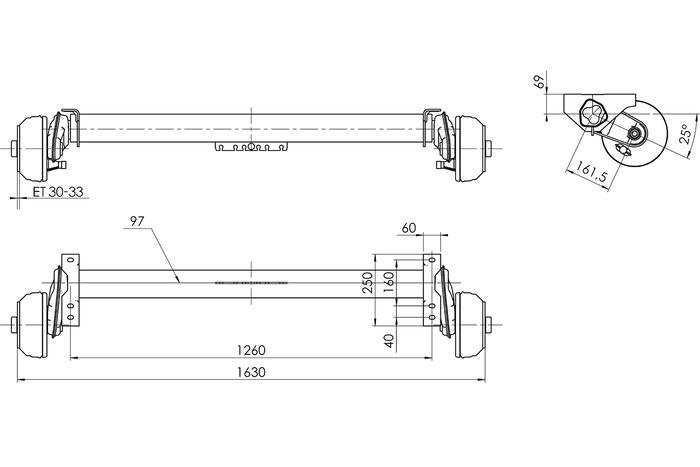 AL-KO COMPACT άξονας φρένων για ρυμουλκούμενο / ρυμουλκούμενο 1350kg 1260mm 1630mm 5x112