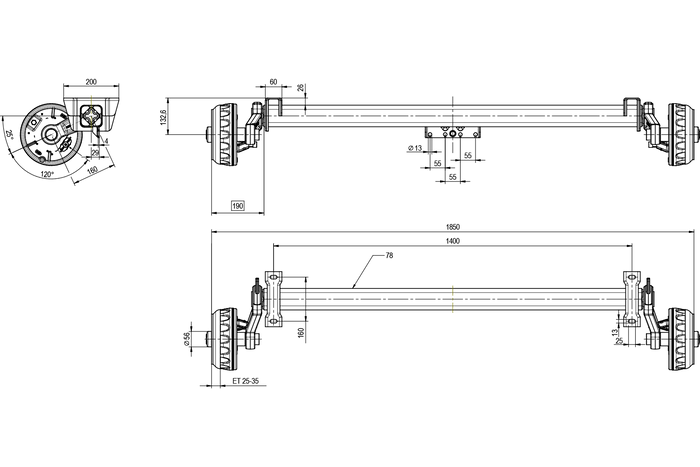 KNOTT VGB13 φρένος άξονας για ρυμουλκούμενο / ρυμουλκούμενο 1350kg 1400mm 1850mm 5x112