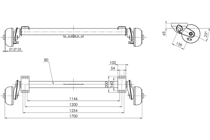 AL-KO COMPACT άξονας φρένων για ρυμουλκούμενο σκάφους 1000kg 1146/1254mm 1700mm 5x112