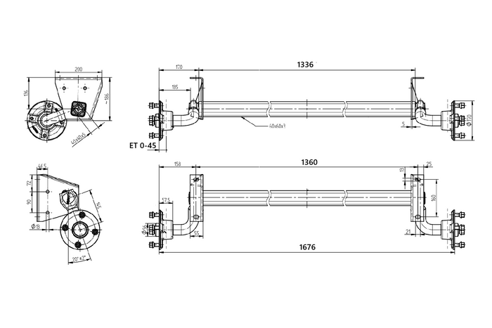 Άξονας χωρίς φρένα KNOTT VG7-L για ρυμουλκούμενο 750kg 1360mm 1676mm 4x130